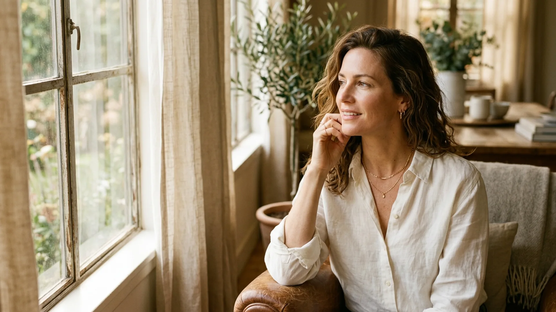Woman wearing gold chain necklace near a sunlit window